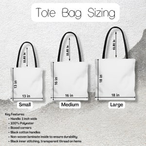 May include: Three tote bags in different sizes: small, medium, and large. The bags are white with black handles and are made of 100% polyester. The bags are 13 inches, 16 inches, and 18 inches wide, respectively. The handles are 11.81 inches long.