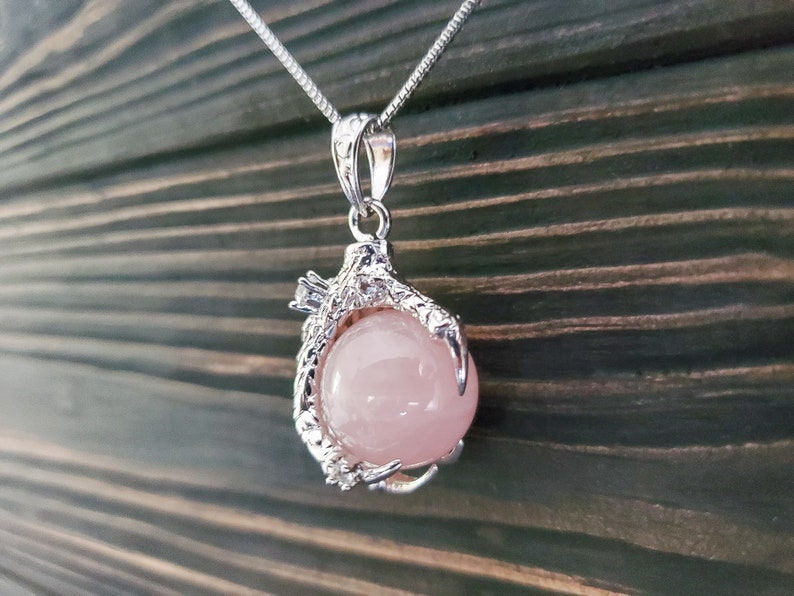 Renaissance Faire Costume Jewelry Mythical Rose Quartz Dragon Claw Necklace Hypoallergenic Pink Gemstone Fantasy Cosplay Talon Jewelry