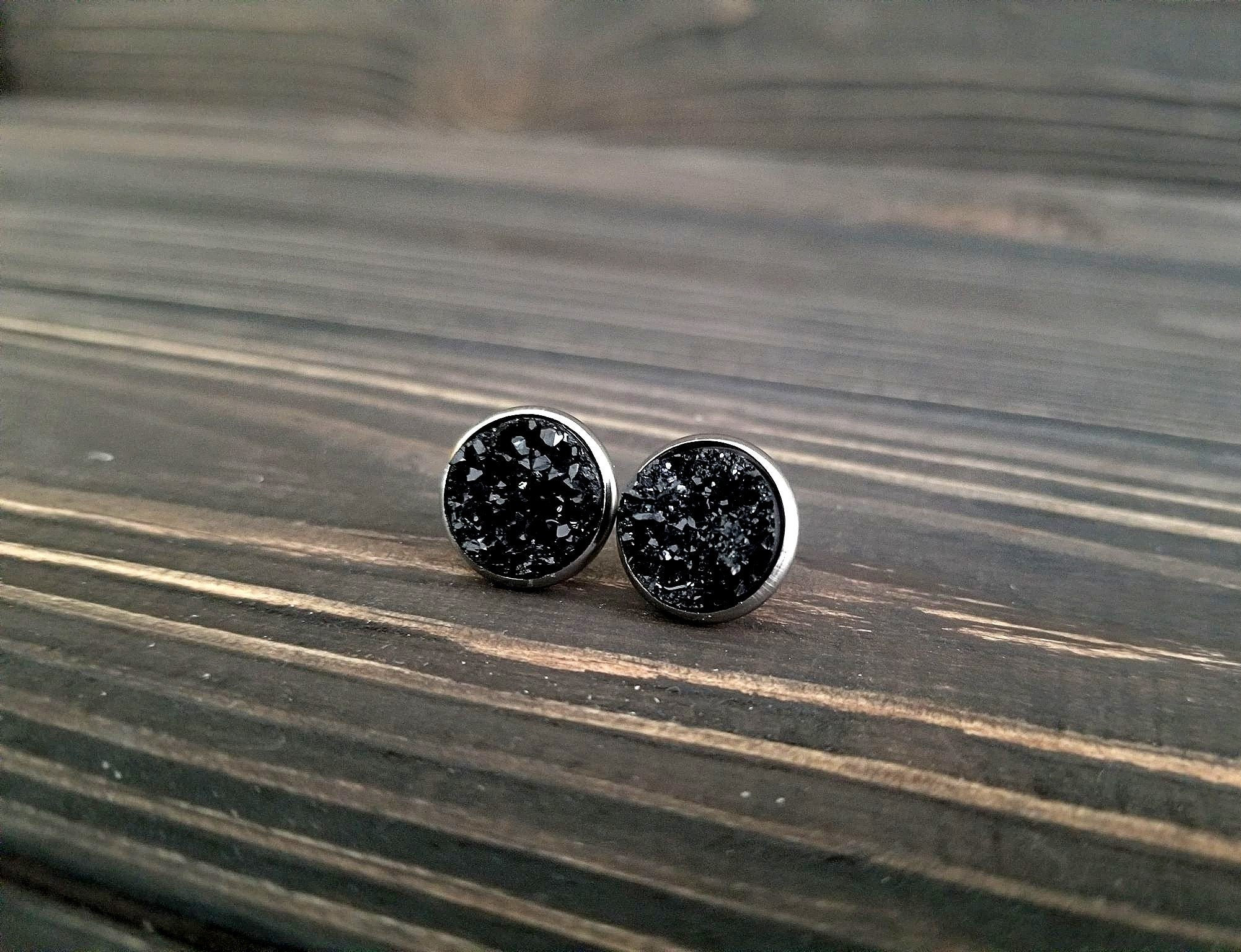 Black Druzy Earrings (12mm) - Black Stud Earrings - Raw Gemstone ...