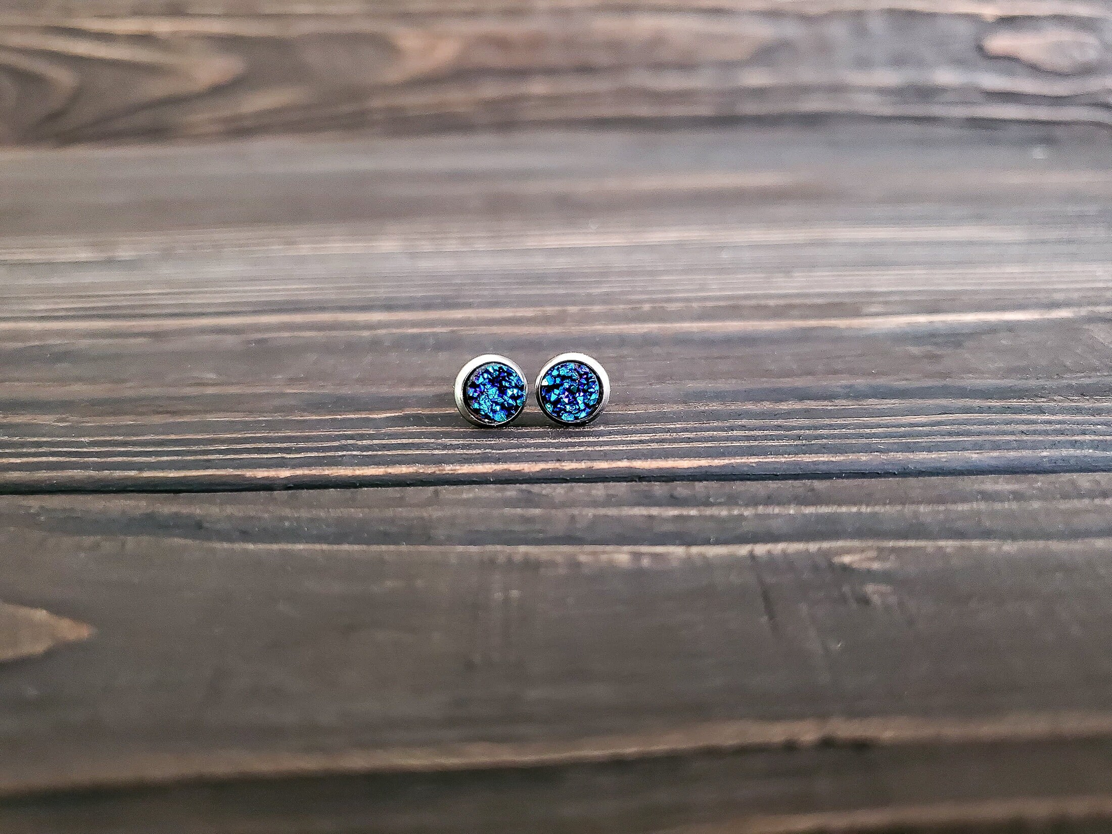 Tiny Titanium Blue Druzy Earrings (6mm)