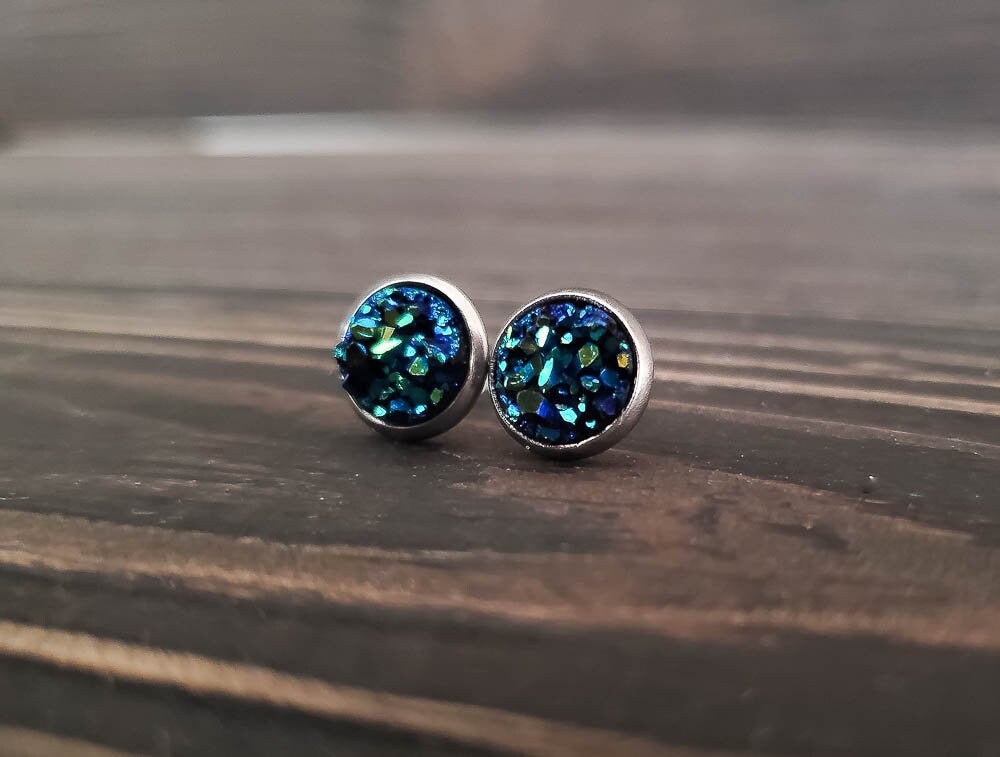 Blue Round Druzy Earrings