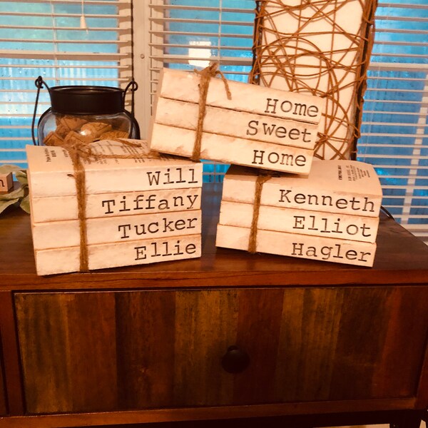 i com books name CUSTOM Hand- Stamped // Personalized Family Name // Shabby Chic Books //Farmhouse Stamped Books
