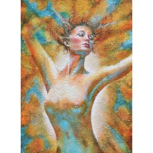 May include: A painting of a woman with long, flowing hair, her arms raised above her head. The background is a mix of orange, yellow, and blue colors, creating a sense of movement and energy. The text "I live in the light" is written at the bottom of the painting.