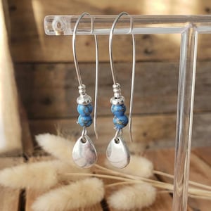 Large Silver Hook Earrings - Turquoise or Red Stone - Stainless Steel Drop Jewelry - Boho Chic Gift for Women