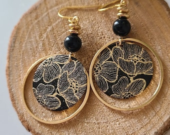 Pendientes colgantes de oro estilo japonés - perla de hematita natural - Joyería para mujer. Regalo de joyería artesanal.