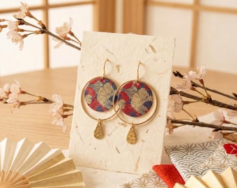 Red and Blue Japanese Pattern Earrings, Gold Cherry Blossom Hoop Earrings, Asian Travel Jewelry, Hammered Teardrop Design, Handmade in France