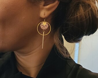 Boucles d'oreilles créoles dorées demi cercle papier japonnais à pois Bijoux pour femme. Cadeau noel