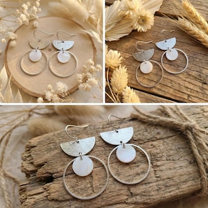 Boucles d'oreilles argent pendantes demi cercle géométrique pièce nacre. Bijoux pour femme. Cadeau bijou fête des mères