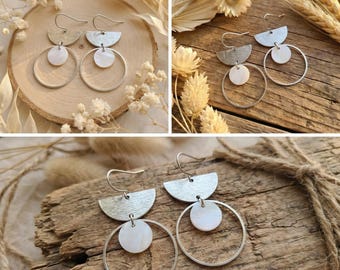 Silver and Mother-of-Pearl Half-Circle Earrings - Geometric Drop Earrings - Silver Half Moon Earrings