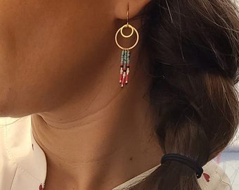 Stainless Steel Earrings and Turquoise Red Miyuki Beads, Matching Bracelet, Handmade Set, Made in France, Boho Chic Ethnic Gift for Women