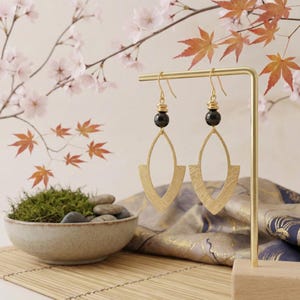 Gold-Plated Stainless Steel and Black Hematite Drop Earrings - Boho Chic Women's Jewelry - Handmade Natural Stone Hoop Earrings image 3