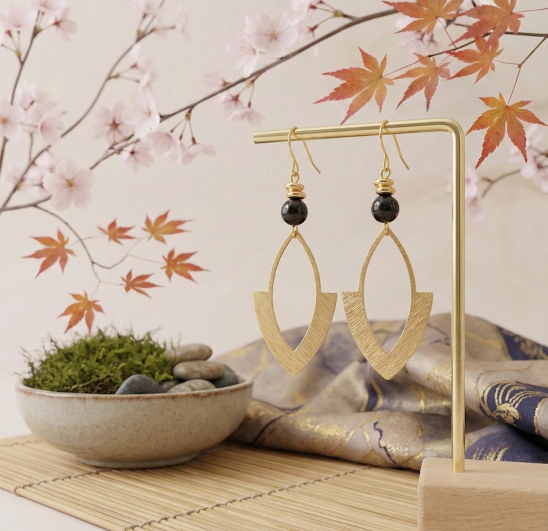 Gold-Plated Stainless Steel and Black Hematite Drop Earrings - Boho Chic Women's Jewelry - Handmade Natural Stone Hoop Earrings image 3