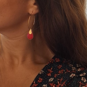 Gold-plated stainless steel hoop earrings with red drop - Women&#39;s jewelry. PoaMongaux handmade jewelry gift