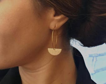 Gold Half Moon Hoop Earrings - Art Deco Geometric Pendant - Minimalist Stainless Steel Jewelry - Gift for Women