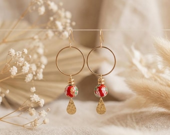 Hypoallergenic Stainless Steel Earrings, Red and Gold, Japanese Flower Motif, Handmade Gift for Women, France, Boho Chic