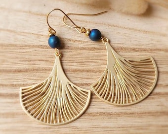 Golden Ginkgo leaf earrings and natural hematite pearls