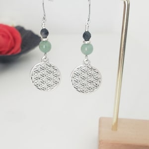 Silver flower of life dangling earrings with natural jade and labradorite beads - Women's jewelry. Handcrafted jewelry gift