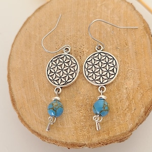 Silver dangling flower of life earrings with natural turquoise stone beads - Women's jewelry. Handcrafted jewelry gift