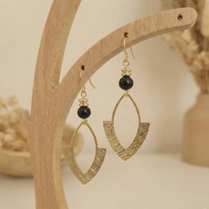 Gold-Plated Stainless Steel and Black Hematite Drop Earrings - Boho Chic Women's Jewelry - Handmade Natural Stone Hoop Earrings image 6