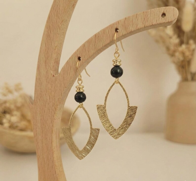 Gold-Plated Stainless Steel and Black Hematite Drop Earrings - Boho Chic Women's Jewelry - Handmade Natural Stone Hoop Earrings image 6