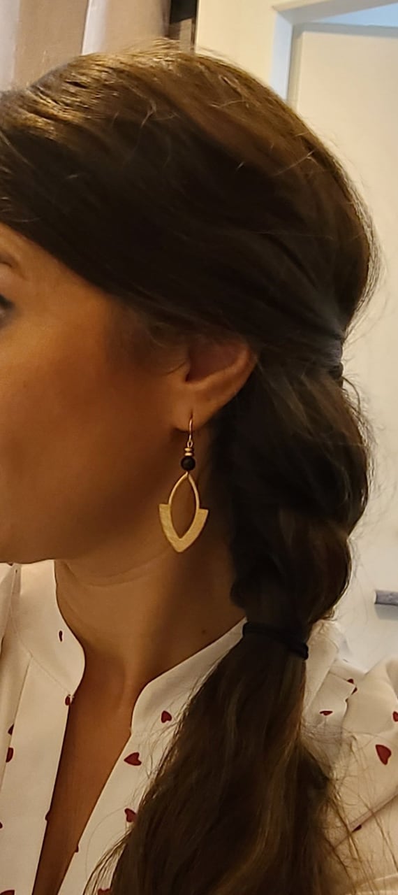 Boucles d'oreilles Gouttes Acier Inoxydable Doré et Hématite Noire - Bijoux Femme Bohème Chic - Créoles Pendantes Pierre Naturelle Fait Main