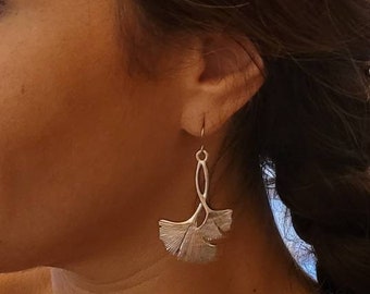 Silver double Ginkgo leaf earrings with silver effect Women's jewelry. Handcrafted jewelry gift