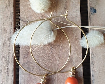 Golden hoop earrings - mandarin orange agate - stainless steel - artisanal gift jewelry