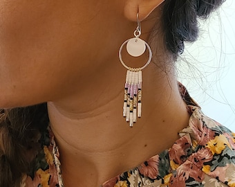 Silver boho earrings with Miyuki beads, stainless steel hoop earrings Women's jewelry. Handcrafted jewelry gift