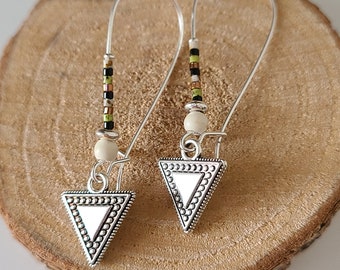 Dangling silver earrings - triangle - miyuki pearl - women's jewelry - gift
