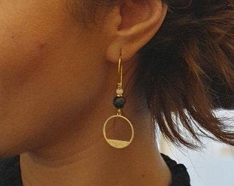 Golden dangling earrings, textured circles - natural pearls Women's jewelry. Christmas gift