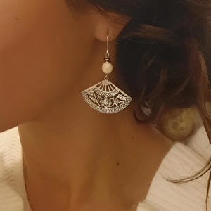 Large fan-shaped silver earrings - Silver fan earrings - Natural pearl earrings - Silver fan earrings - Gift for women