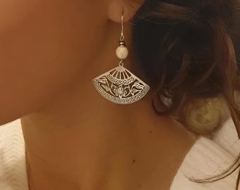 Grote waaiervormige zilveren oorbellen - Zilveren waaieroorbellen - Oorbellen met natuurlijke parels - Zilveren waaieroorbellen - Cadeau voor vrouwen
