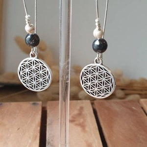 Dangling silver earrings flower of life natural black hematite beads women's jewelry Christmas gift image 4