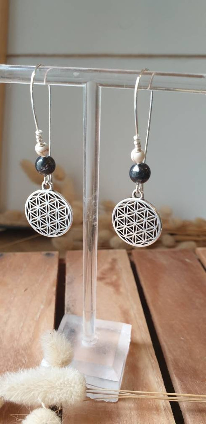 Dangling silver earrings flower of life natural black hematite beads women's jewelry Christmas gift image 4