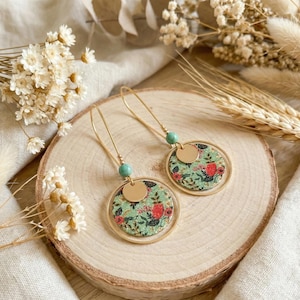 Japanese Style Almond Green Earrings, Cherry Blossom and Natural Stone Drop Earrings, Gold-Plated Howlite, Handmade in France