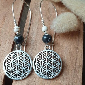 Dangling silver earrings flower of life natural black hematite beads women's jewelry Christmas gift image 3