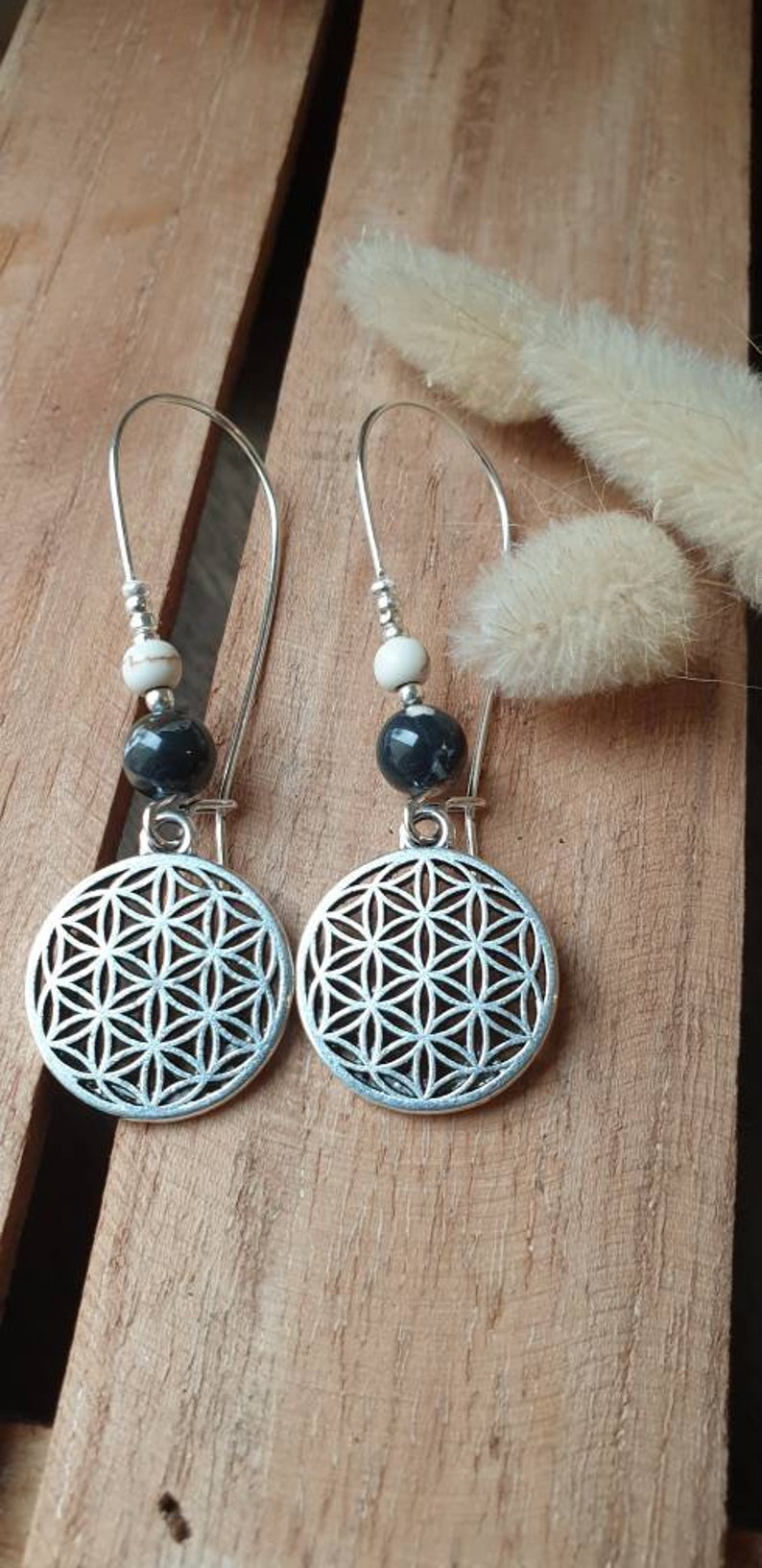 Dangling silver earrings flower of life natural black hematite beads women's jewelry Christmas gift image 3