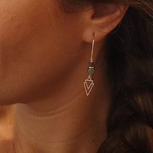 Silver double triangle earrings with natural jade and labradorite beads - Women's jewelry. Handcrafted jewelry gift