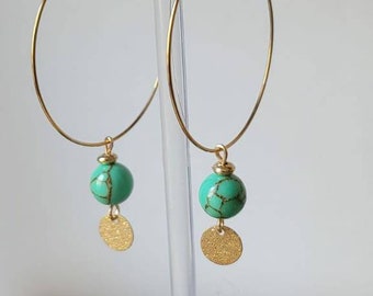 Créoles dorées et perles naturelles de pierre de turquoise acier inoxydable, bijoux cadeau femme