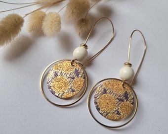 Japanese style dangling gold earrings - creoles - natural pearl - Women's jewelry. Handcrafted jewelry gift