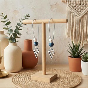 Doppeldreieck-Ohrringe mit Hämatit, große Ohrhänger aus Edelstahl, Art-déco-Schmuck mit schwarzem oder blauem Stein, handgefertigt