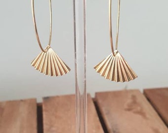 Gold stainless steel hoop earrings with small gold effect fan - Women's jewelry. Gift jewelry dangling earrings