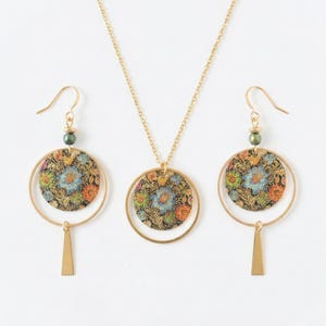 Japanese Floral Jewelry Set, Gold-Plated Stainless Steel Earrings and Necklace, Boho Floral Medallion, Handmade Gift Idea for Women (France) image 8