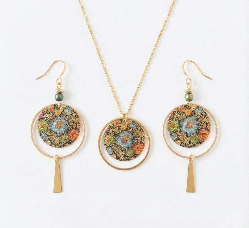 Japanese Floral Jewelry Set, Gold-Plated Stainless Steel Earrings and Necklace, Boho Floral Medallion, Handmade Gift Idea for Women (France) image 8