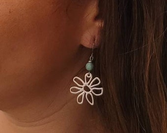 Silver flower dangling earrings with natural silver effect pearls Women's jewelry. Handcrafted jewelry gift