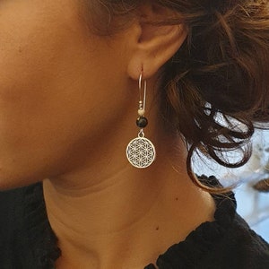 Dangling silver earrings flower of life natural black hematite beads women's jewelry Christmas gift image 1