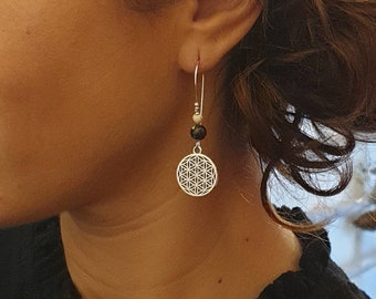 Dangling silver earrings - flower of life - natural black hematite beads - women's jewelry - Christmas gift