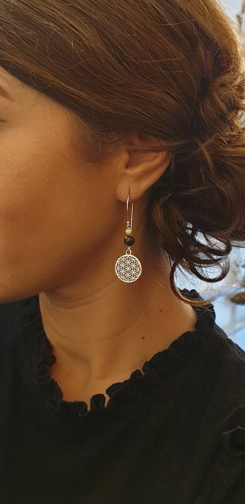 Dangling silver earrings flower of life natural black hematite beads women's jewelry Christmas gift image 1