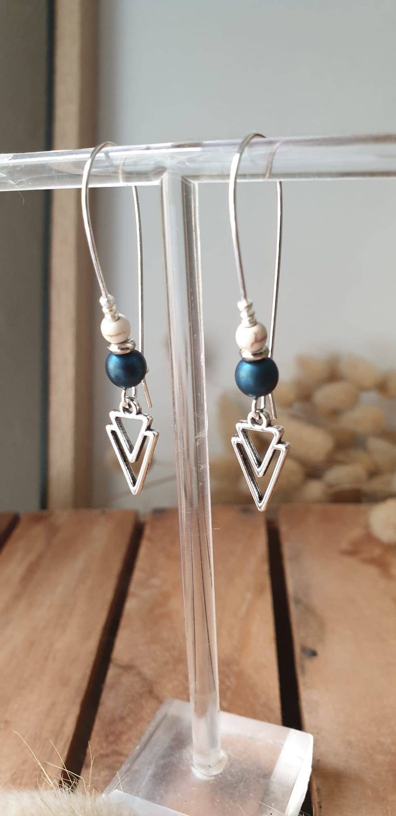 Silver earrings with large double triangle hooks Women's jewelry. Christmas jewelry gift image 2