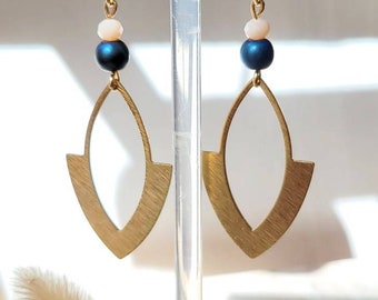 Gold earrings with large arrows and natural hematite pearls - Jewelry for women. Handcrafted jewelry gift